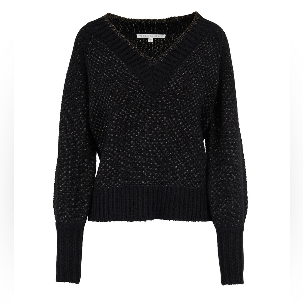 VERONICA BEARD BLACK GOLD MIRNIE V NECK SWEATER SIZE XS. OVERSIZED FIT